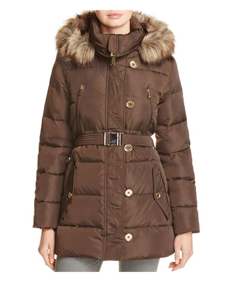 michael kors long down coat fur trim|Faux Fur Trim Quilted Puffer Coat .